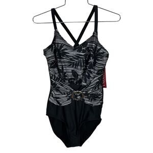NWT‎ MERONA Black & White Tropical Print Tummy Control One Piece Retro Swimsuit